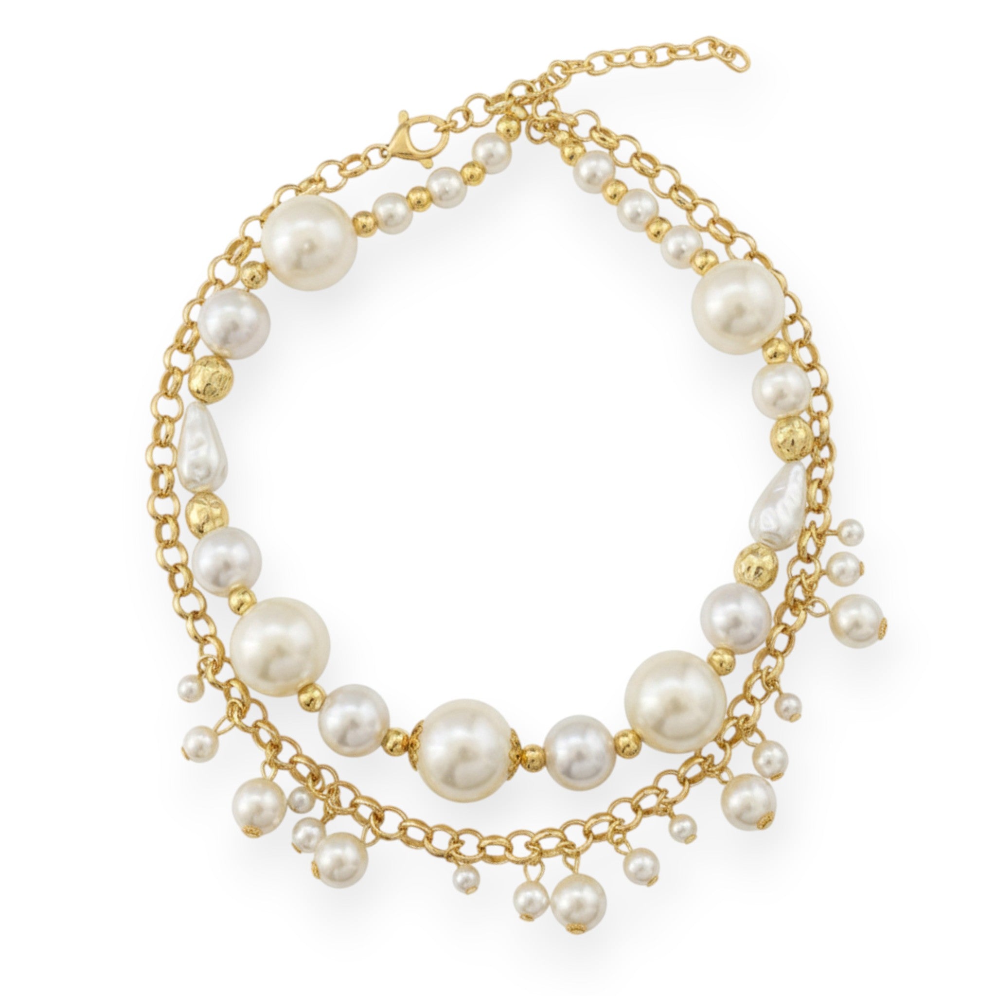 Gold Layered Pearl Necklace - Handmade Adjustable Length Two Layer Jewelry