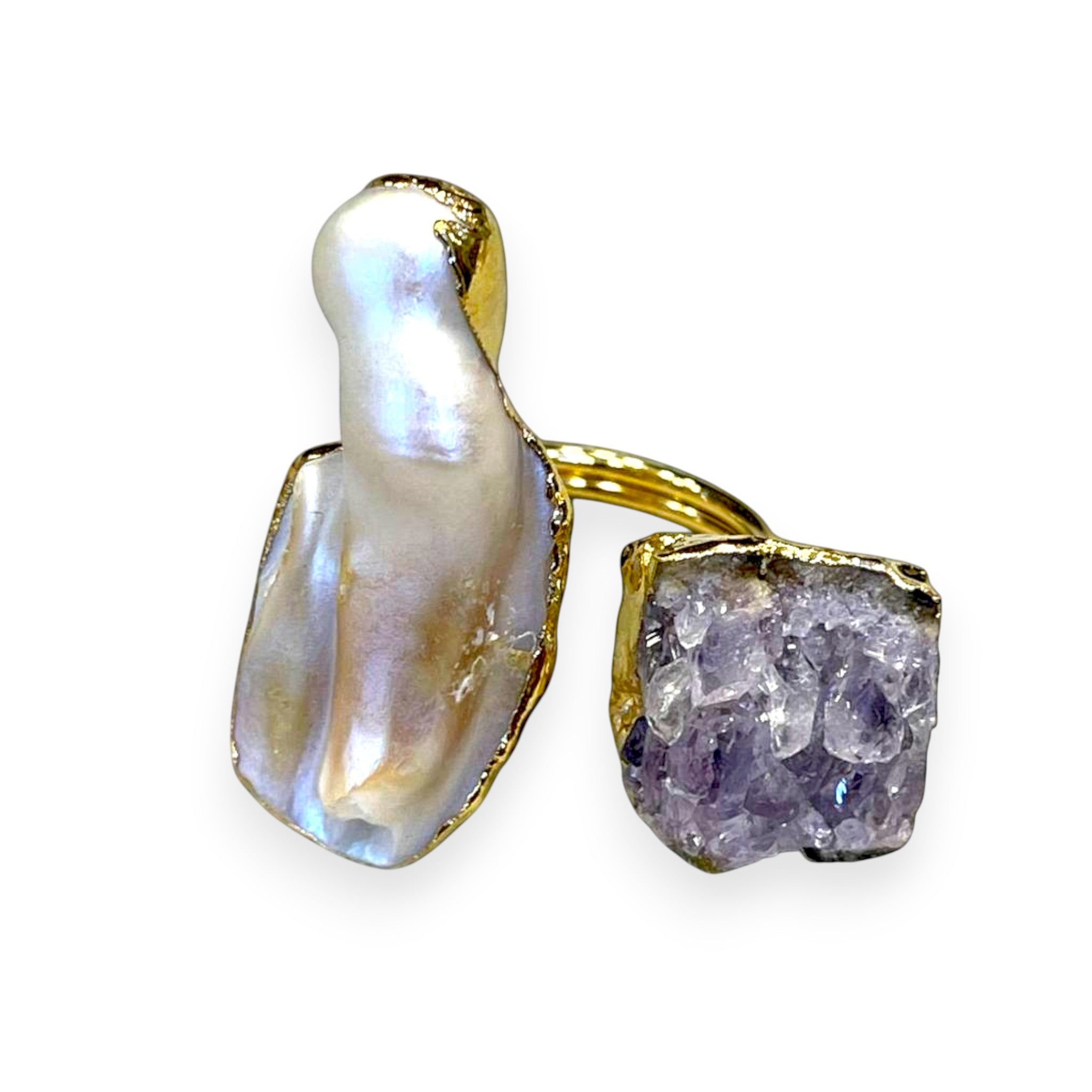 Gold Plated Amethyst Ring – Adjustable Artisan Statement with Baroque Pearl