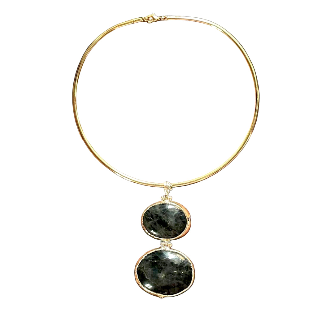 Regal Gold Plated Choker with Double Oval Dark Gemstone Pendant
