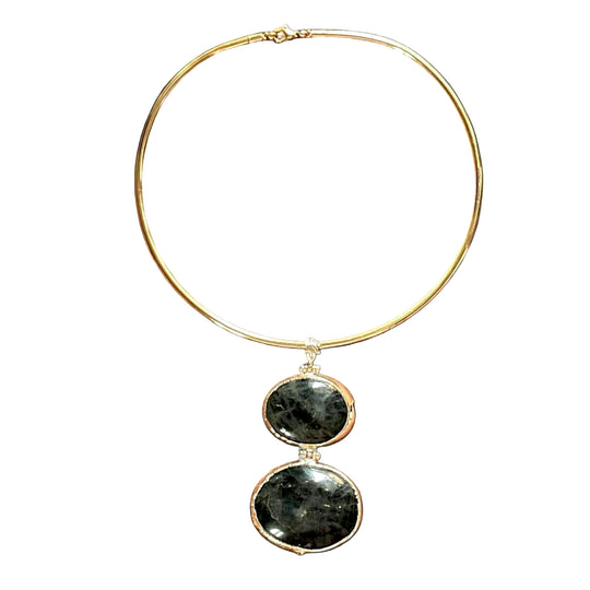 Regal Gold Plated Choker with Double Oval Dark Gemstone Pendant
