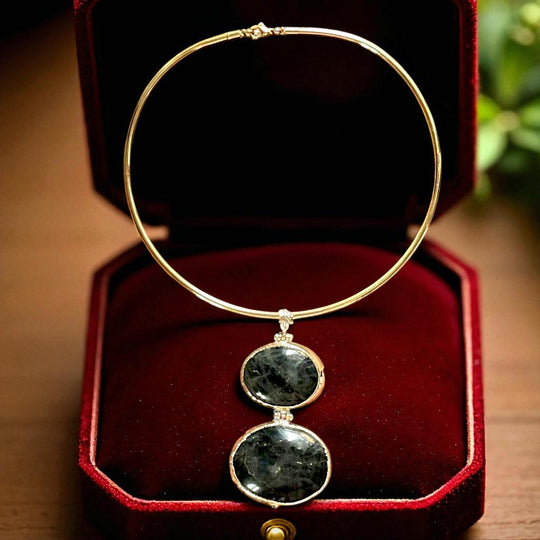 Regal Gold Plated Choker with Double Oval Dark Gemstone Pendant