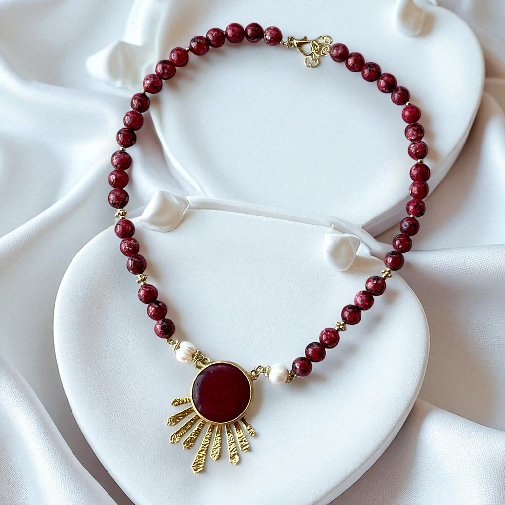 Gold-Plated Gemstone Necklace with Red Beads & Sunburst Pendant, Made in Turkiye - Glam Duchess