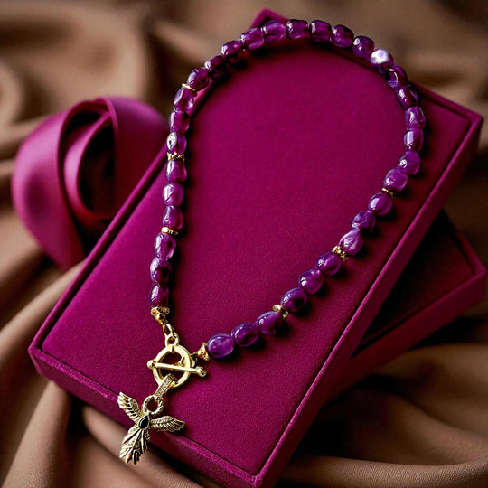 Handmade Gold Plated Purple Gemstone Layered Necklace Set with Gold Charms, Made in Turkiye - Glam Duchess