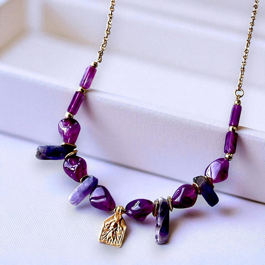 Handmade Gold Plated Purple Gemstone Layered Necklace Set with Gold Charms, Made in Turkiye - Glam Duchess