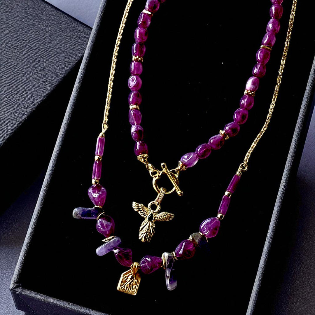 Handmade Gold Plated Purple Gemstone Layered Necklace Set with Gold Charms, Made in Turkiye - Glam Duchess