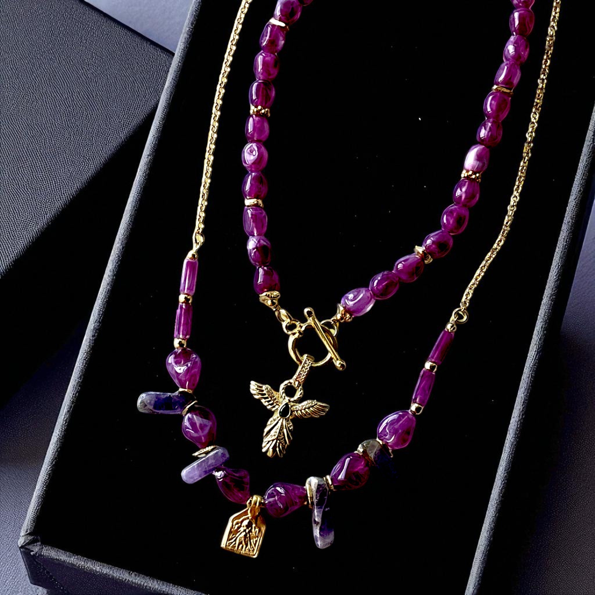 Handmade Gold Plated Purple Gemstone Layered Necklace Set with Gold Charms, Made in Turkiye - Glam Duchess