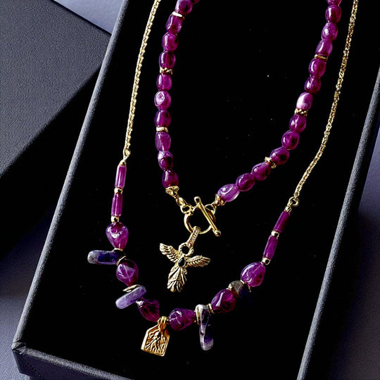 Handmade Gold Plated Purple Gemstone Layered Necklace Set with Gold Charms, Made in Turkiye - Glam Duchess