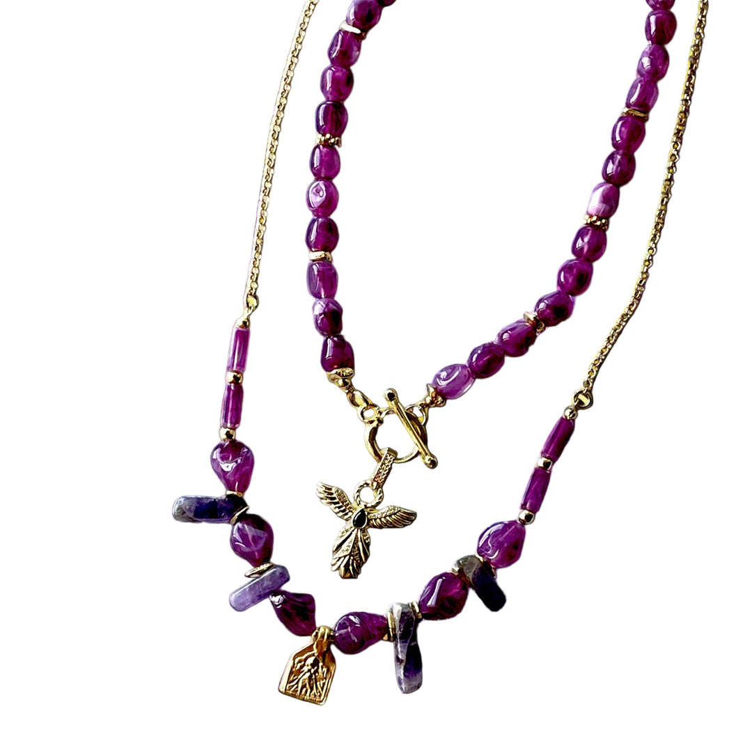 Handmade Gold Plated Purple Gemstone Layered Necklace Set with Gold Charms, Made in Turkiye - Glam Duchess