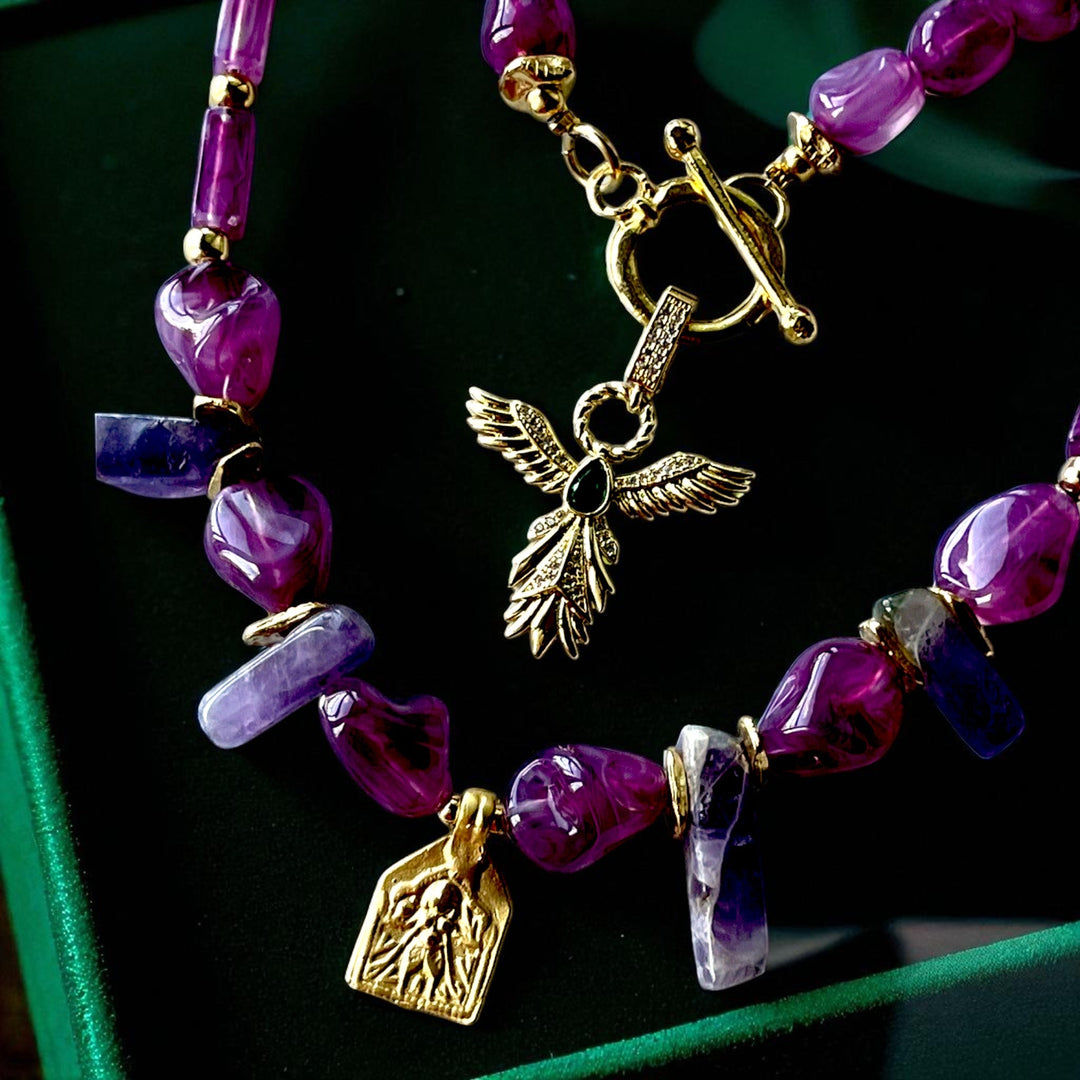 Handmade Gold Plated Purple Gemstone Layered Necklace Set with Gold Charms, Made in Turkiye - Glam Duchess