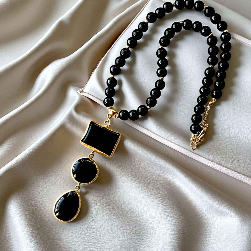 Gold Plated Necklace | Black Stone Beads with Geometric Pendant - Elegant Statement Jewelry