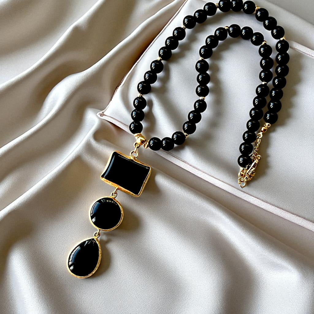 Gold Plated Black Stone Beads Necklace with Geometric Pendant, Made in Turkiye - Glam Duchess