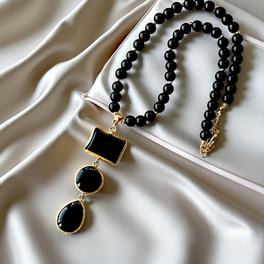 Gold Plated Black Stone Beads Necklace with Geometric Pendant, Made in Turkiye - Glam Duchess