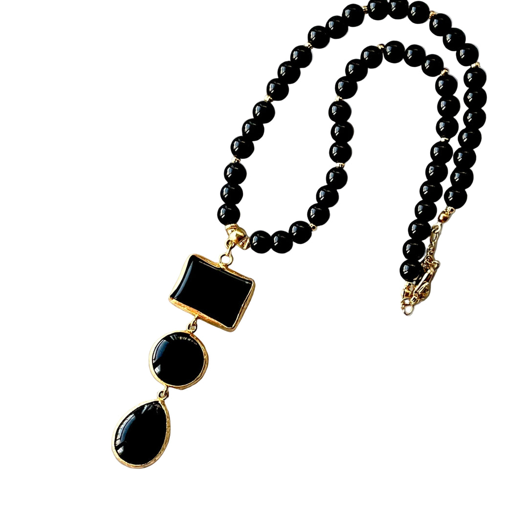 Gold Plated Black Stone Beads Necklace with Geometric Pendant, Made in Turkiye - Glam Duchess