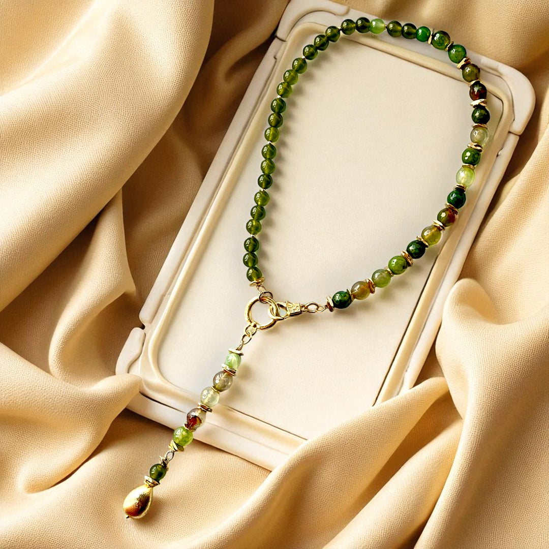 Emerald Hues Gold Plated Natural Stone Lariat Necklace - Handcrafted & Versatile