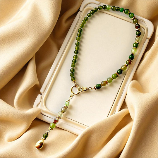 Emerald Hues Gold Plated Natural Stone Lariat Necklace - Handcrafted & Versatile