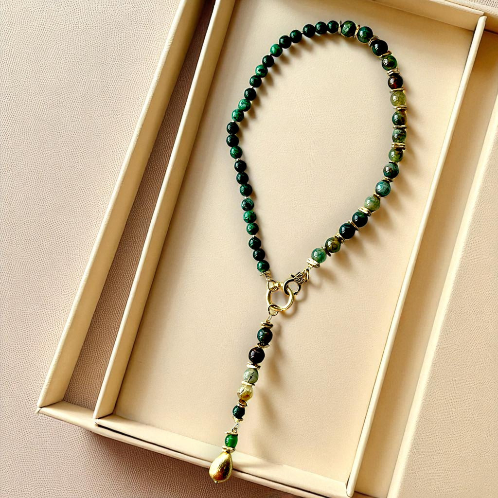 Emerald Isle Gold Plated Natural Stone Lariat Necklace - Handcrafted Elegance