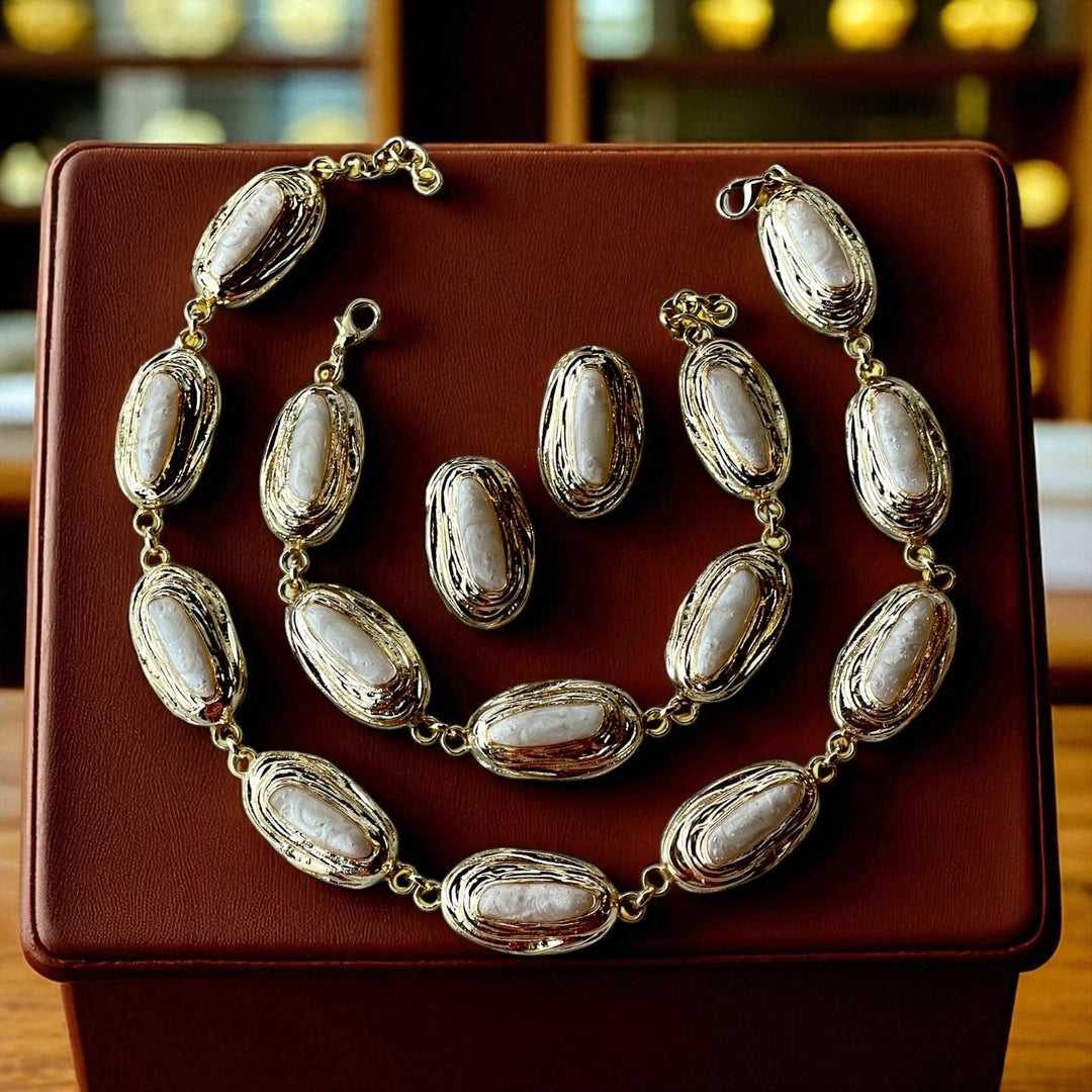 Luxury Gold Plated Pearl Jewelry Set – Necklace, Bracelet & Stud Earrings - Glam Duchess