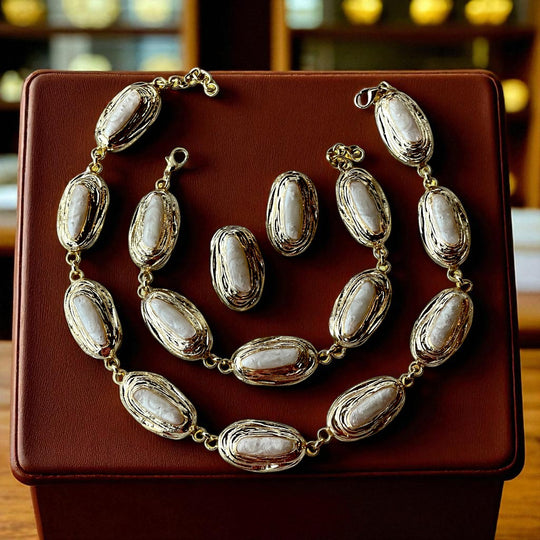 Luxury Gold Plated Pearl Jewelry Set – Necklace, Bracelet & Stud Earrings - Glam Duchess