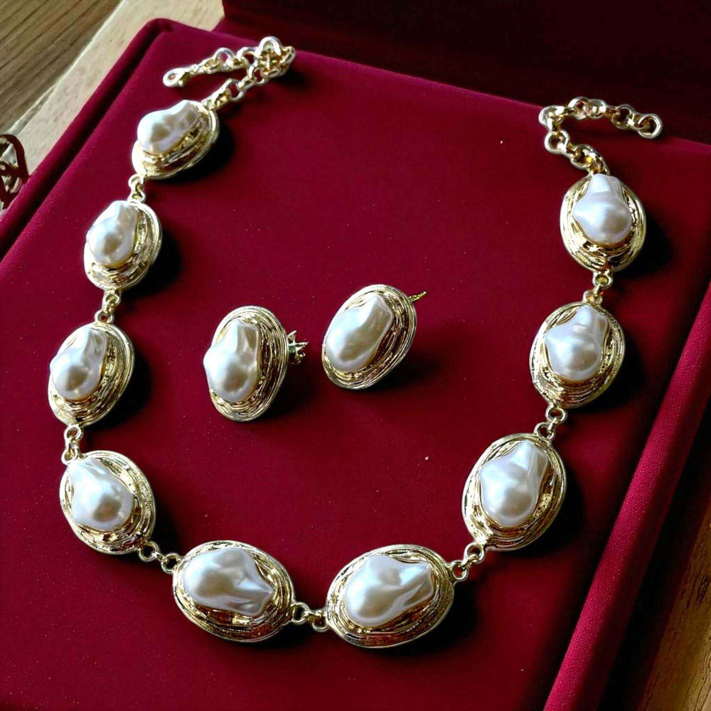 Handmade Gold Plated Baroque Pearl Necklace Statement & Earrings Set