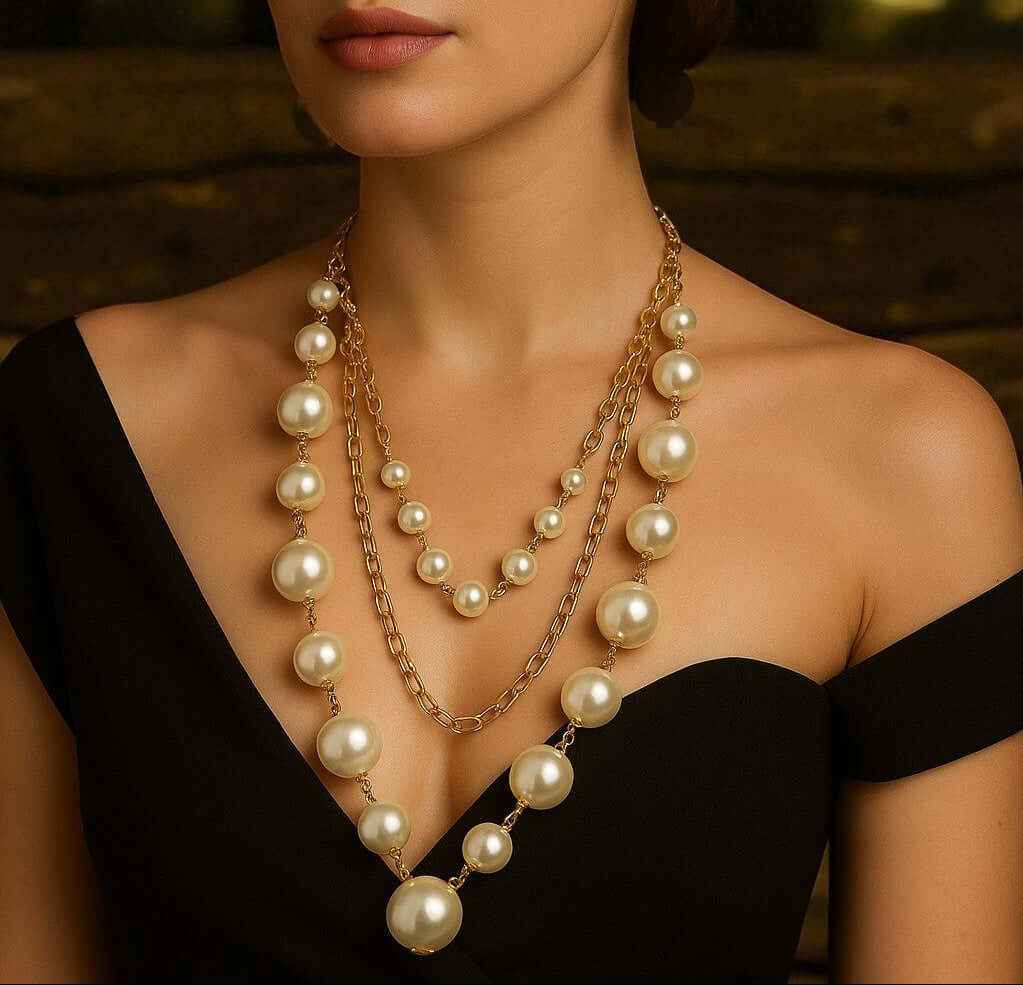 Gold Layered Pearl Necklace – Handmade Adjustable Long Gold Plated Jewelry